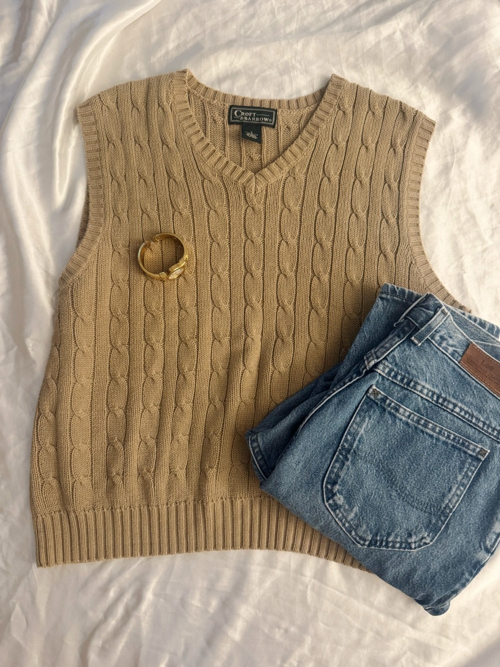 croft & barrow Cable Knit V-Neck Sweater Vest - Camel